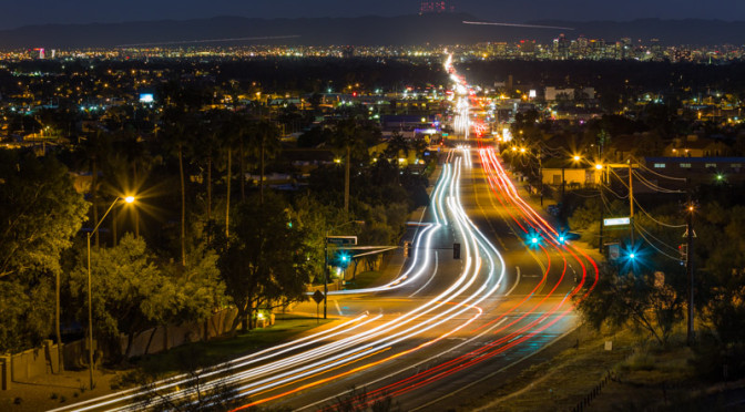 America roads at night with long exposure
